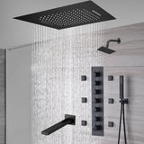 20-Inch or 24-Inch Matte Black Flush Mount Rainfall Waterfall Shower System: Complete with 6-Way Thermostatic Valve and 6 Body Jets and  Regular Head and Tub Spout