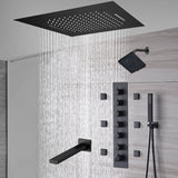 20-Inch or 24-Inch Matte Black Flush Mount Rainfall Waterfall Shower System: Complete with 6-Way Thermostatic Valve and 6 Body Jets and  Regular Head and Tub Spout