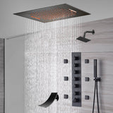 20-Inch or 24-Inch Matte Black Flush Mount Rainfall Waterfall Shower System: Complete with 6-Way Thermostatic Valve and 6 Body Jets and  Regular Head and Tub Spout