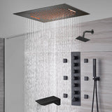 20-Inch or 24-Inch Matte Black Flush Mount Rainfall Waterfall Shower System: Complete with 6-Way Thermostatic Valve and 6 Body Jets and  Regular Head and Tub Spout