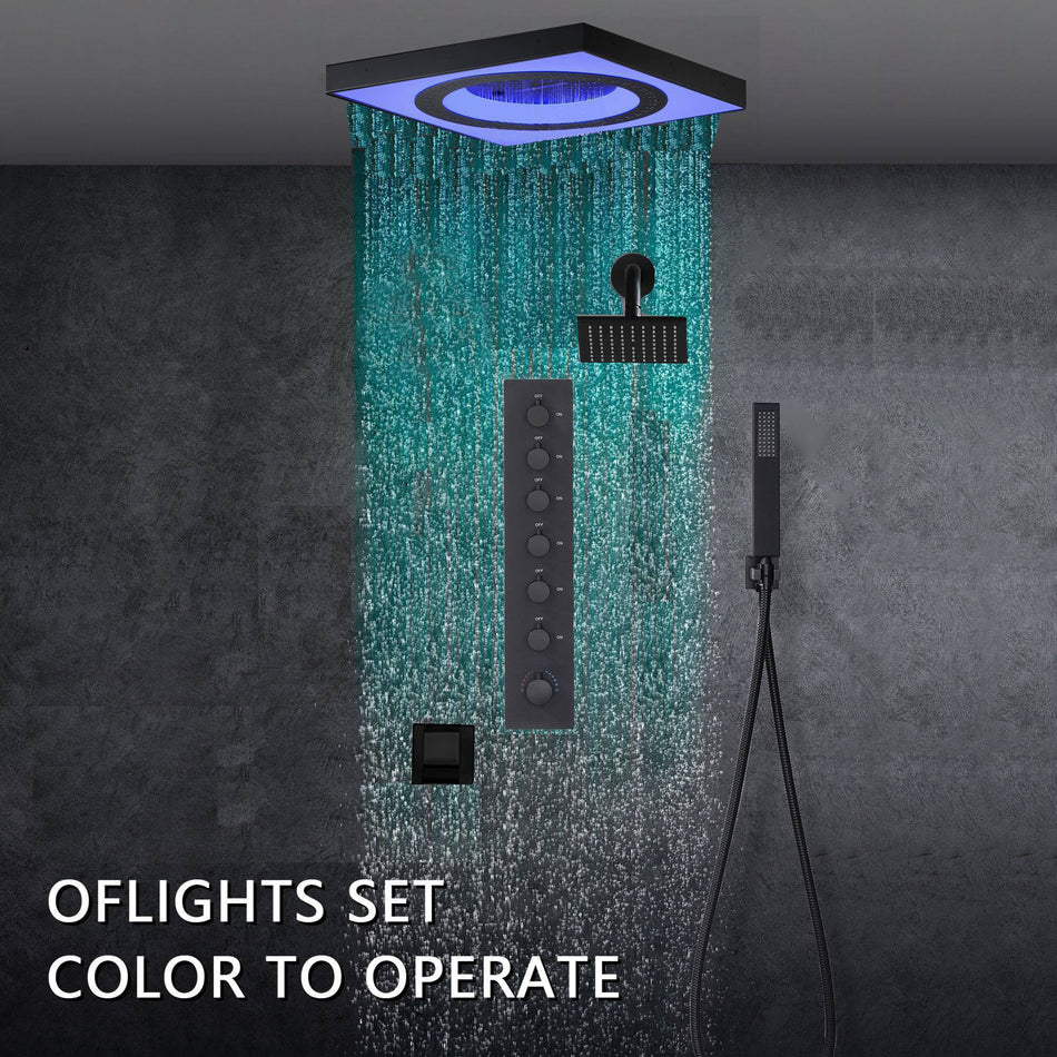 24" Flush Mount Rainfall Waterfall 6-Way Digital  Shower System with LED, Dual Regular Heads and Tub Spout