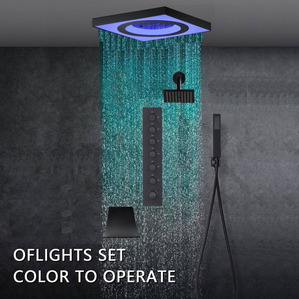 24" Flush Mount Rainfall Waterfall 6-Way Digital  Shower System with LED, Dual Regular Heads and Tub Spout