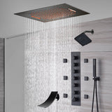 20-Inch or 24-Inch Matte Black Flush Mount Rainfall Waterfall Shower System: Complete with 6-Way Thermostatic Valve and 6 Body Jets and  Regular Head and Tub Spout