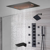 20-Inch or 24-Inch Matte Black Flush Mount Rainfall Waterfall Shower System: Complete with 6-Way Thermostatic Valve and 6 Body Jets and  Regular Head and Tub Spout