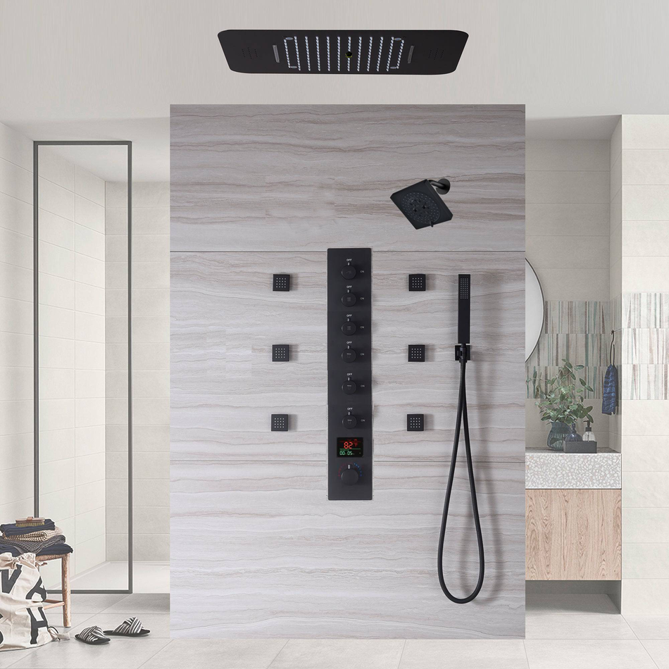 Matte Black or Brushed Gold or Brushed Nickel or Chrome  LED Music Shower System 23 x 15 inch with 6-Way Digital Thermostatic Control, Body Jets