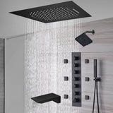 20-Inch or 24-Inch Matte Black Flush Mount Rainfall Waterfall Shower System: Complete with 6-Way Thermostatic Valve and 6 Body Jets and  Regular Head and Tub Spout