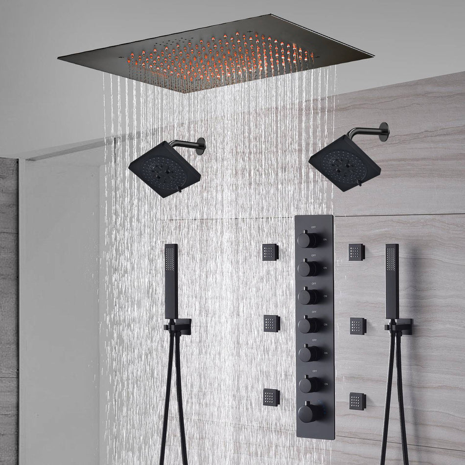 20-Inch or 24-Inch Matte Black Flush Mount Rainfall Shower System: Complete with 6-Way Thermostatic Valve and 6 Body Jets and Dual Regular Heads