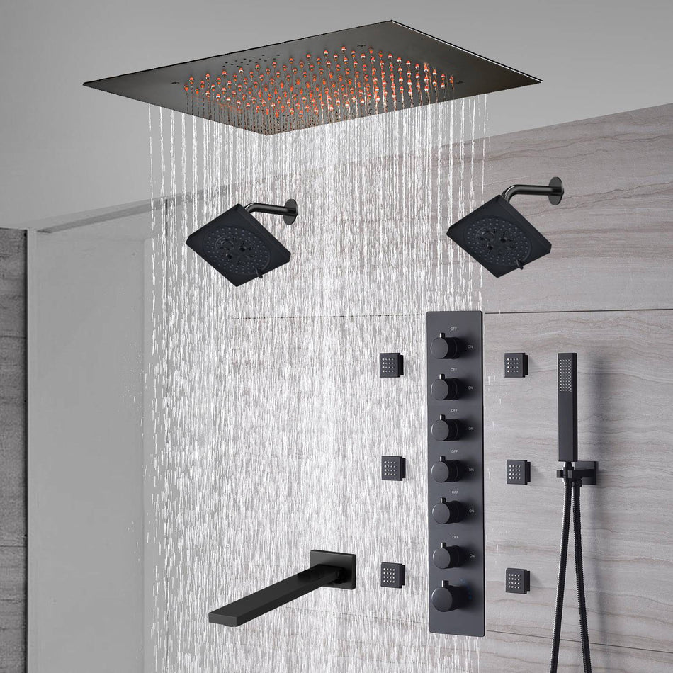 20-Inch Matte Black Flush Mount Rainfall Shower System: Complete with 6-Way Thermostatic Valve and 6 Body Jets and Dual Regular Heads and Tub Spout
