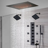 20-Inch or 24-Inch Matte Black Flush Mount Rainfall Shower System: Complete with 6-Way Thermostatic Valve and 6 Body Jets and Dual Regular Heads and Tub Spout
