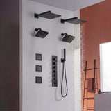 matte black or brushed gold or brushed nickel dual rainfall head 6 way  shower faucet with dual 6'' regular heads and 4'' body jets