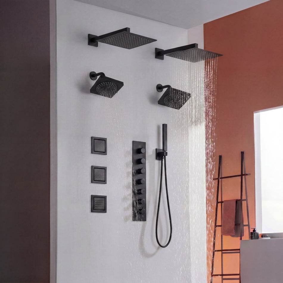 matte black or brushed gold or brushed nickel dual rainfall head 6 way  shower faucet with dual 6'' regular heads and 4'' body jets