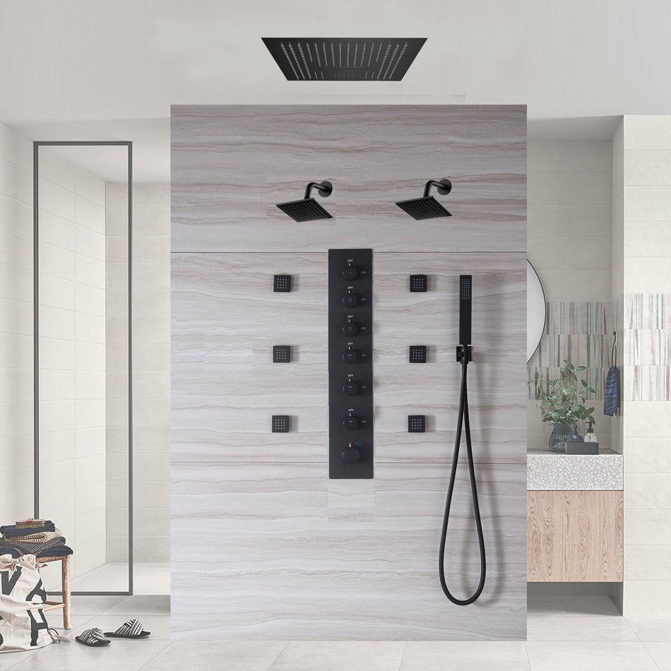 Matte Black LED Music Shower System: 16" with 6-Way Digital Thermostatic Control, Body Jets