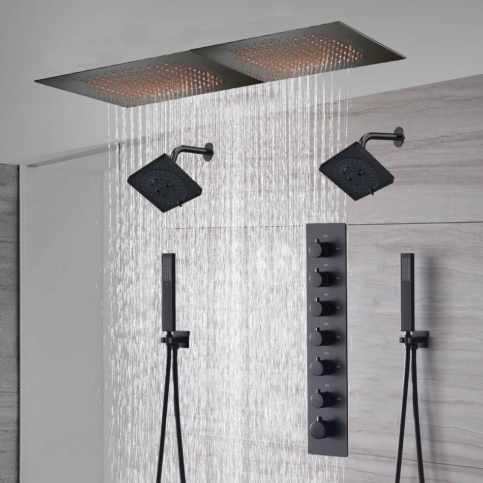 24x 48 Inch Matte Black Flush Mount Rainfall Shower System: Complete with 6-Way Thermostatic Valve and  Dual Regular Heads