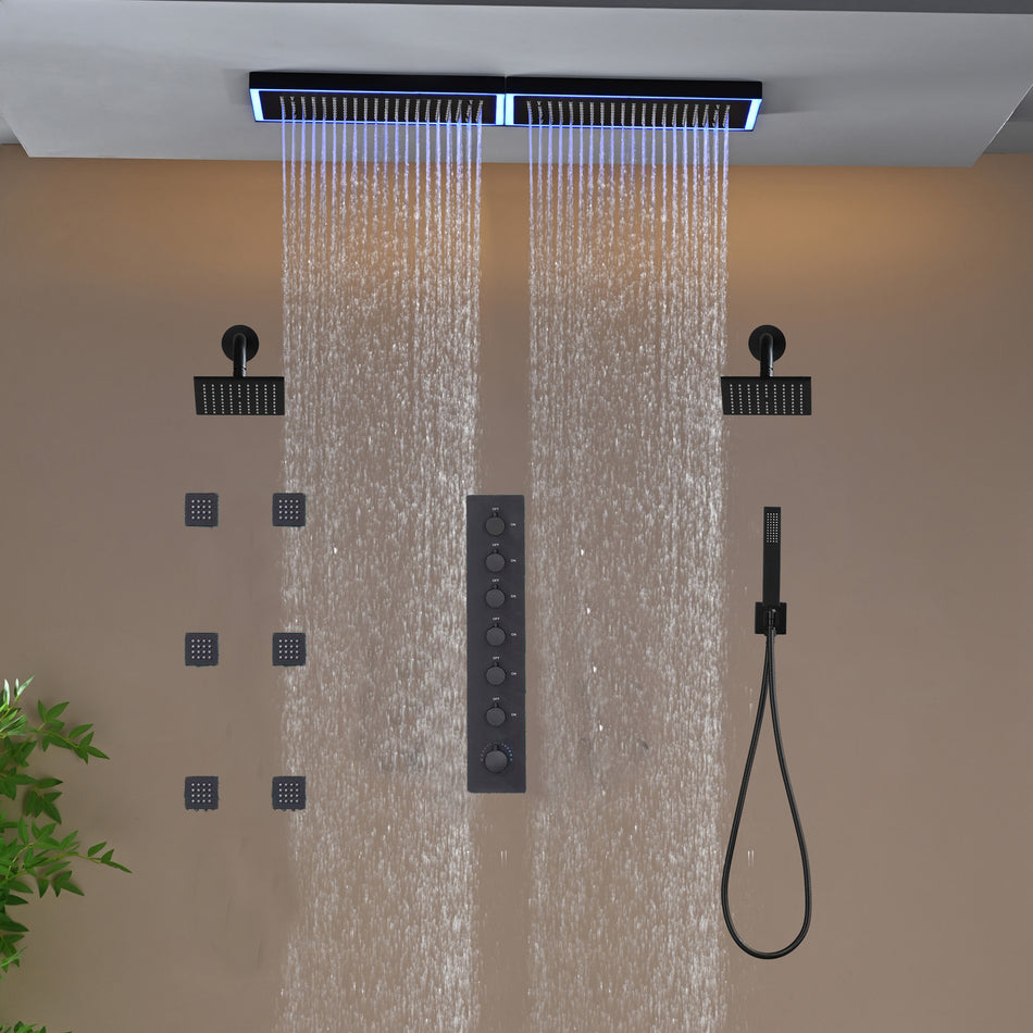 Flush Mount 32 x 8 inch Rainfall 64 LED Light Shower Head with 6-Way Thermostatic Faucet and High-Pressure Dual Regular Heads,6 body jets