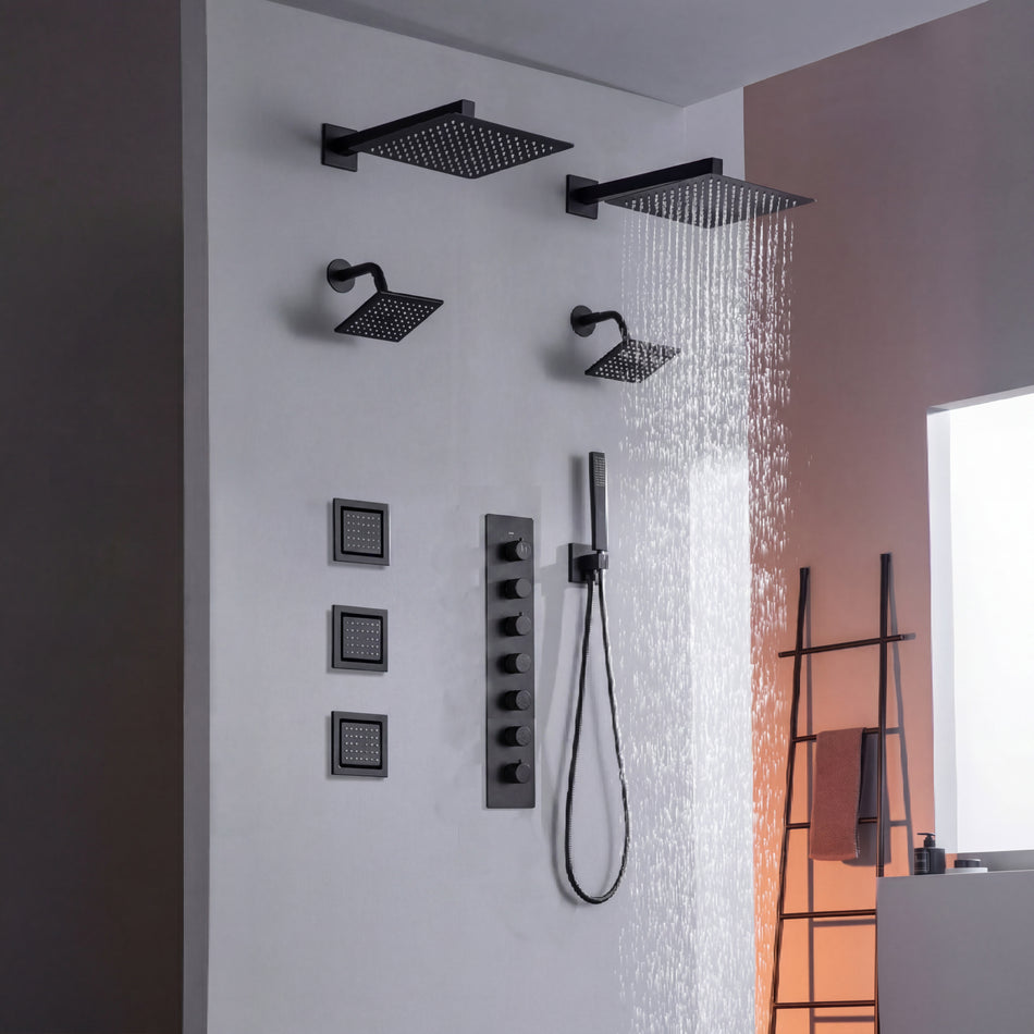 matte black or brushed gold or brushed nickel dual rainfall head 6 way  shower faucet with dual 6'' regular heads and 4'' body jets