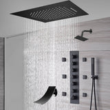 20-Inch or 24-Inch Matte Black Flush Mount Rainfall Waterfall Shower System: Complete with 6-Way Thermostatic Valve and 6 Body Jets and  Regular Head and Tub Spout