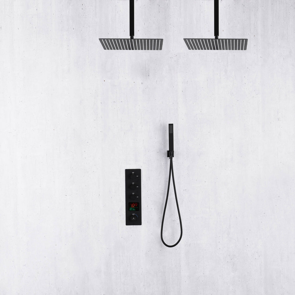 Matte Black ceiling mount 12 or 16 inch rainfall shower head 3 way thermostatic shower faucet