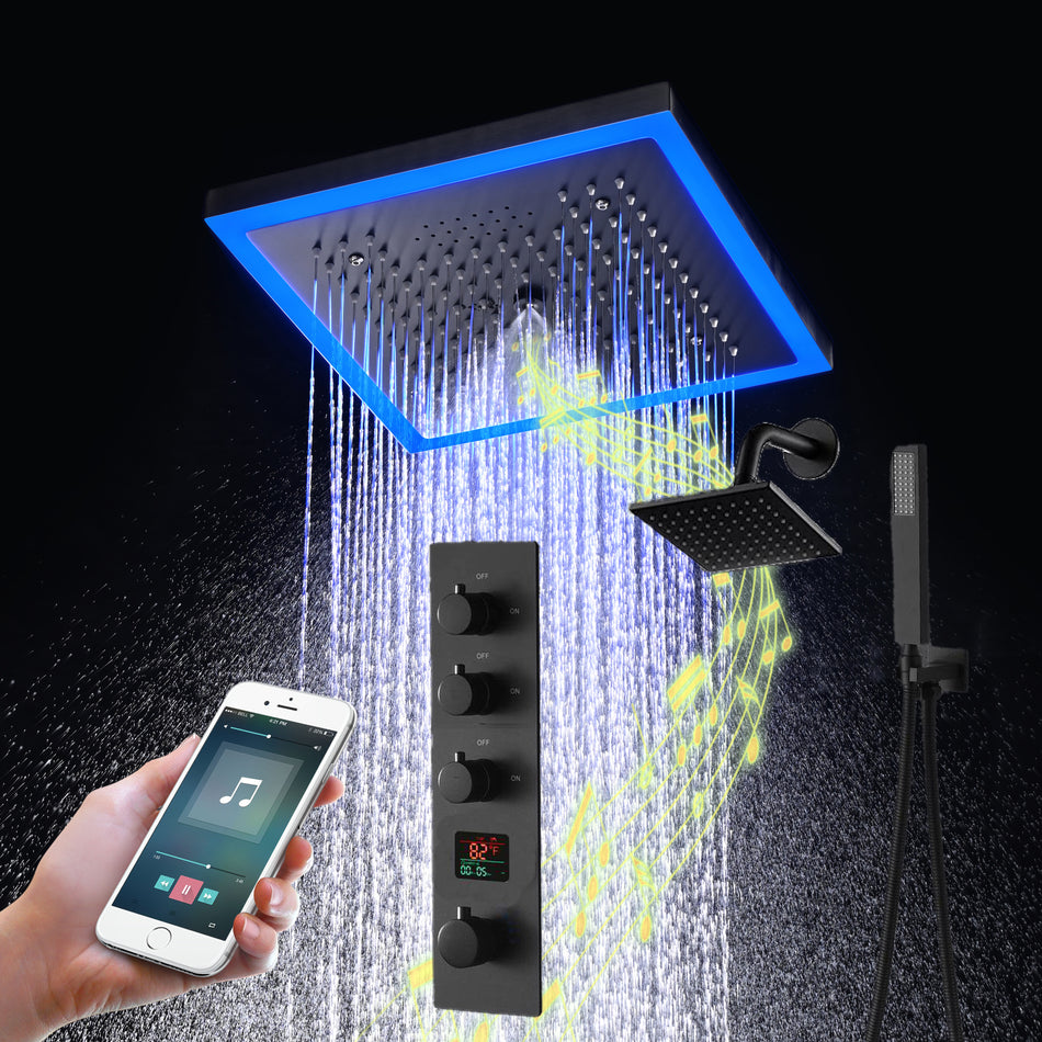 Matte Black 12" Flush-Mount Shower Faucet Set with LED Lights, Bluetooth Music, Regular Head