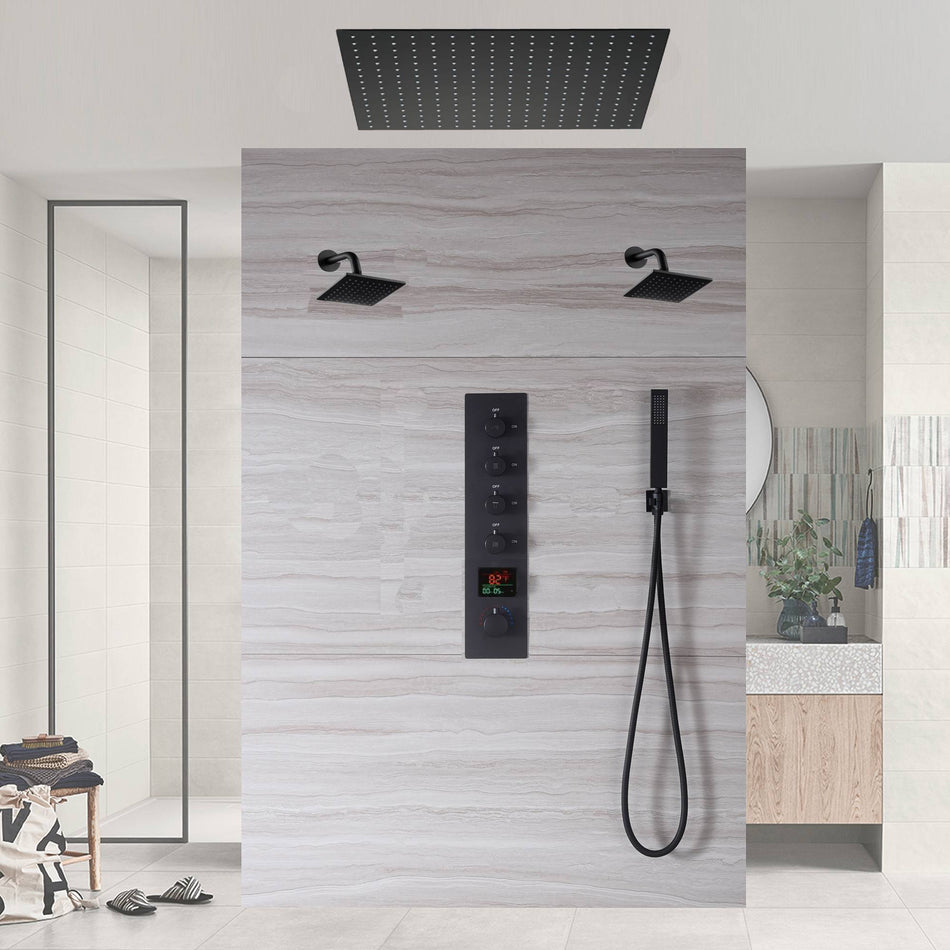 24-inch or 20-inch Matte Black Rainfall Shower System: Featuring a 4-Way Digital Display Thermostatic Rough-In Valve, and a Refreshing 6-inch Wall Mount Shower Head