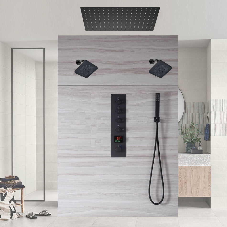 24-inch or 20-inch Matte Black Rainfall Shower System: Featuring a 4-Way Digital Display Thermostatic Rough-In Valve, and a Refreshing 6-inch Wall Mount Shower Head