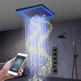Matte Black 12-Inch Flush-Mount Shower Faucet Set: 4-Way Thermostatic Control, 64-Color LED Lights, Bluetooth Music, Regular Head - Available With or Without Digital Display