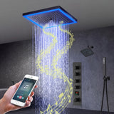 Matte Black 12-Inch Flush-Mount Shower Faucet Set: 4-Way Thermostatic Control, 64-Color LED Lights, Bluetooth Music, Regular Head - Available With or Without Digital Display