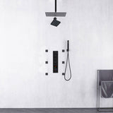 Matte Black ceiling mount 12 inch or 16 inch rainfall shower head wall mount 6 inch high water pressure regular shower head 4 way thermostatic shower faucet with 2 inch body jets
