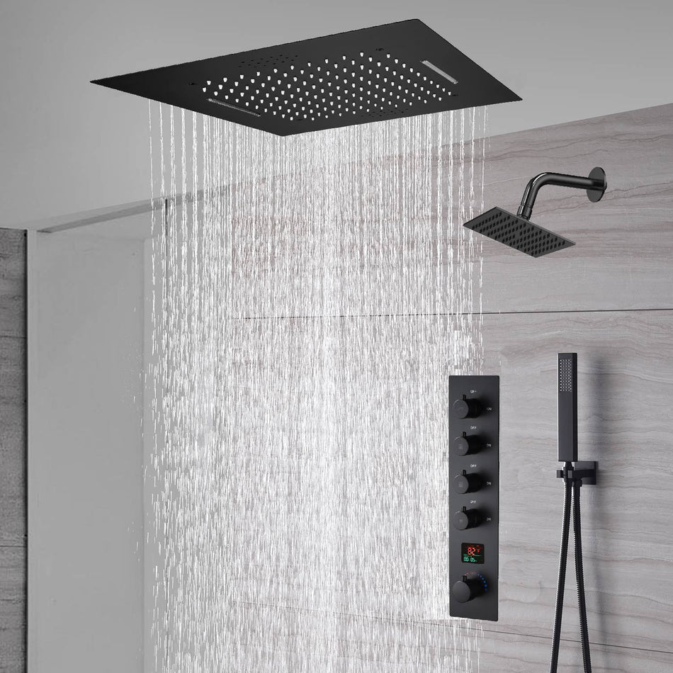 waterfall rainfall 20'' or 24'' Flush or ceiling mounted matte Black 4 way Digital display thermostatic shower faucets With regular head