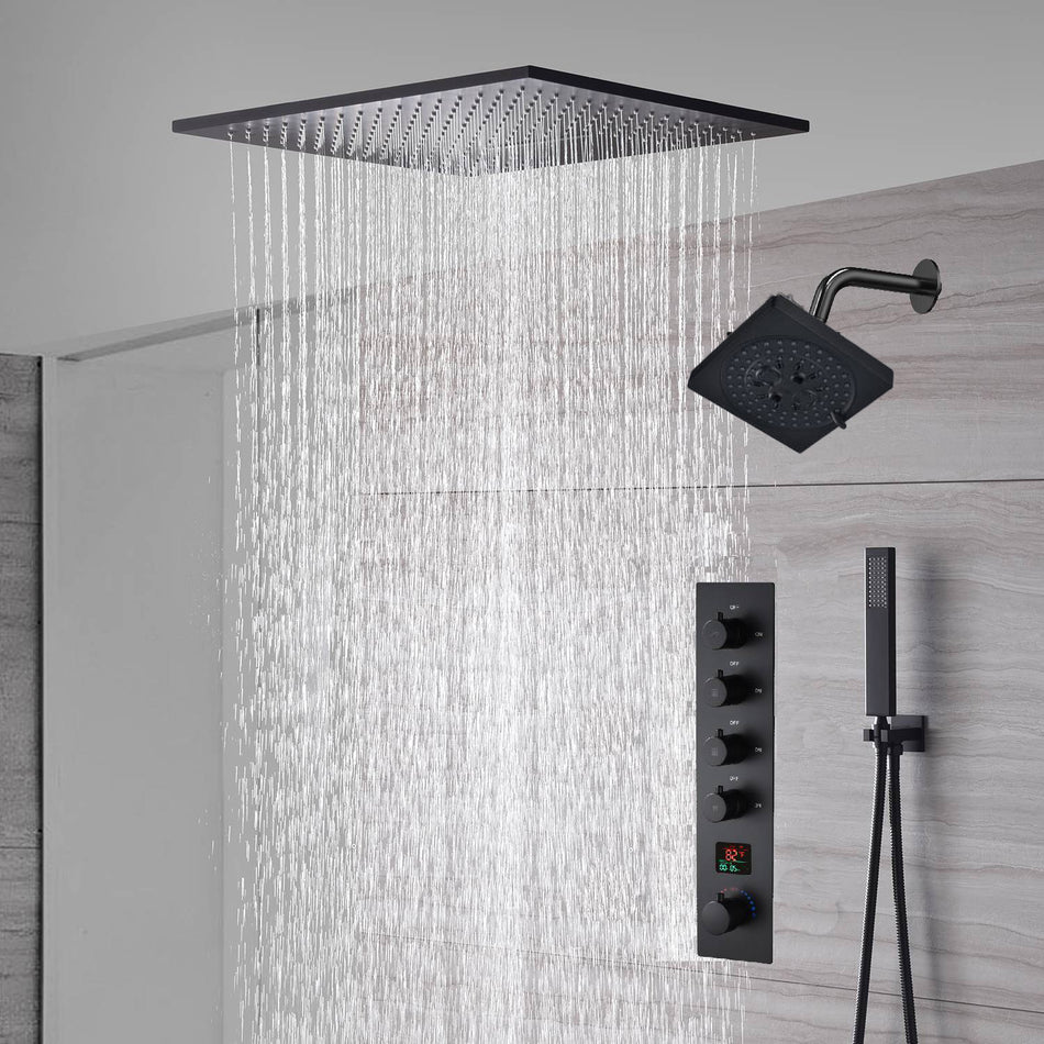 waterfall rainfall 20'' or 24'' Flush or ceiling mounted matte Black 4 way Digital display thermostatic shower faucets With regular head