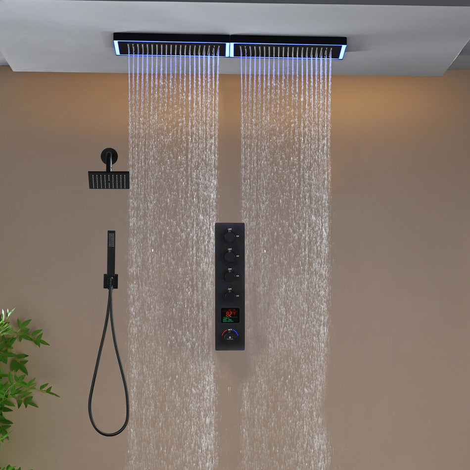 Flush Mount 32 x 8 inch Rainfall 64 LED Light Shower Head with 4-Way Thermostatic Faucet and High-Pressure Regular Heads