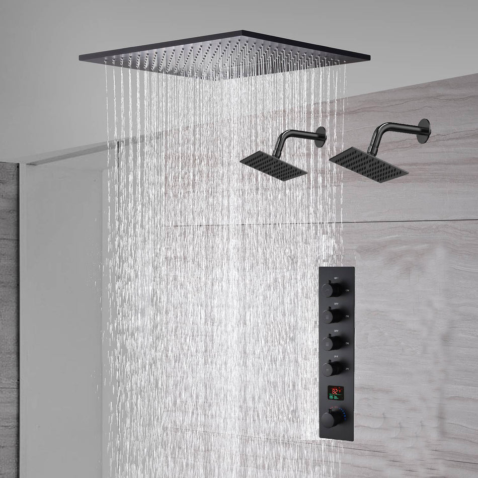 waterfall rainfall 20'' or 24'' Flush or ceiling mounted matte Black 4 way Digital display thermostatic shower faucets With regular head