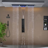 Flush Mount 48 x 8 inch Rainfall Waterfall 64 LED Light Shower Head with 5-Way Thermostatic Faucet and High-Pressure Wall Mount Regular Shower Head