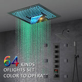 16-Inch Brushed Gold or brushed nickel or matte black Flush Mount rainfall waterfall Shower Faucet Set: 5-Way Thermostatic Control, 64-Color LED Lights, Bluetooth Music, and Regular Head, 6 Body jets