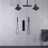 Matte Black Rainfall Shower System: 12" or 16" with 5-Way Thermostatic Valve, Dual Handle wands