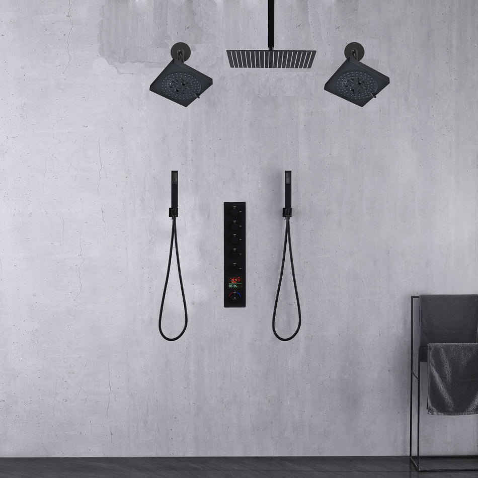 Matte Black Rainfall Shower System: 12" or 16" with 5-Way Thermostatic Valve, Dual Handle wands