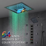 16-Inch Brushed Gold or brushed nickel or matte black Flush Mount rainfall waterfall Shower Faucet Set: 5-Way Thermostatic Control, 64-Color LED Lights, Bluetooth Music, and Regular Head, 6 Body jets