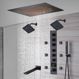 20-Inch Matte Black Flush Mount Rainfall Shower System: Complete with 6-Way Thermostatic Valve and 6 Body Jets and Dual Regular Heads and Tub Spout