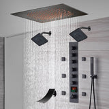 20-Inch Matte Black Flush Mount Rainfall Shower System: Complete with 6-Way Thermostatic Valve and 6 Body Jets and Dual Regular Heads and Tub Spout