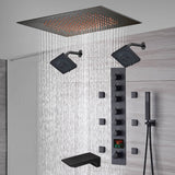 20-Inch Matte Black Flush Mount Rainfall Shower System: Complete with 6-Way Thermostatic Valve and 6 Body Jets and Dual Regular Heads and Tub Spout