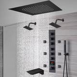 20-Inch Matte Black Flush Mount Rainfall Shower System: Complete with 6-Way Thermostatic Valve and 6 Body Jets and Dual Regular Heads and Tub Spout
