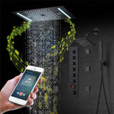 64 LED colors music led flushed in 24x12 inch 3 functions shower head 6 way thermostatic shower faucet with 6'' regular head and 6 body jets