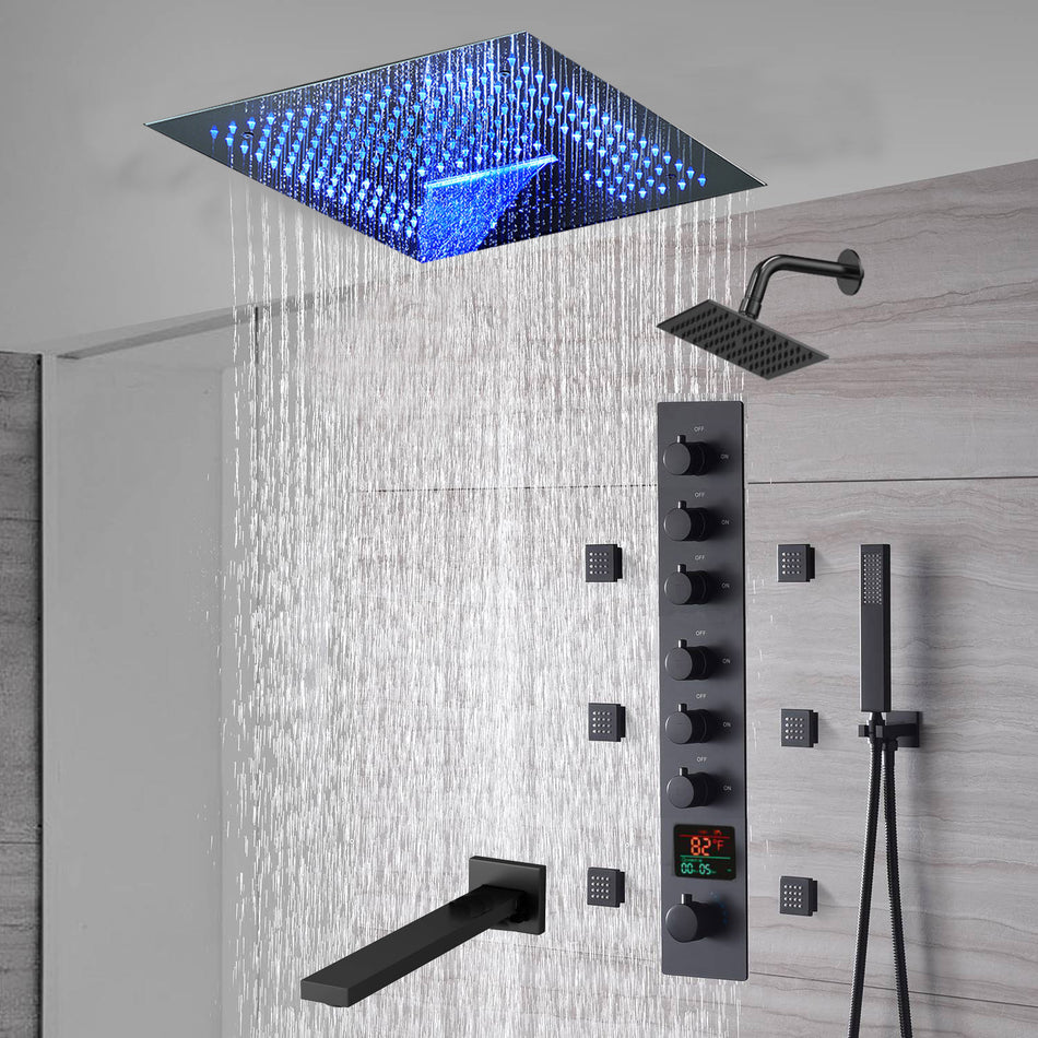16-Inch Matte Black Flush Mount Rainfall Waterfall Shower System: Complete with 6-Way Thermostatic Valve and 6 Body Jets and  Regular Head and Tub Spout