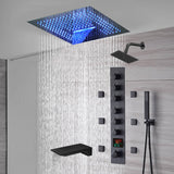 16-Inch Matte Black Flush Mount Rainfall Waterfall Shower System: Complete with 6-Way Thermostatic Valve and 6 Body Jets and  Regular Head and Tub Spout