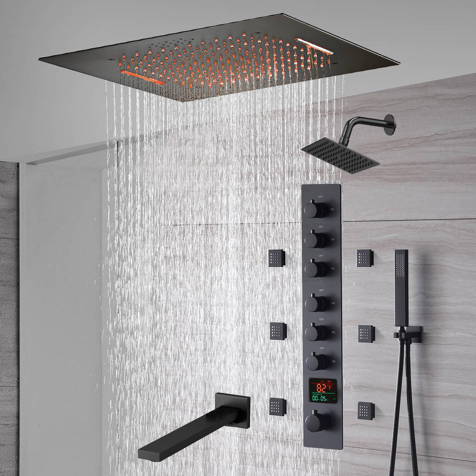 20-Inch or 24-Inch Matte Black Flush Mount Rainfall Waterfall Shower System: Complete with 6-Way Thermostatic Valve and 6 Body Jets and  Regular Head and Tub Spout