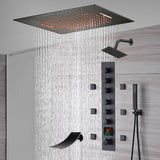 20-Inch or 24-Inch Matte Black Flush Mount Rainfall Waterfall Shower System: Complete with 6-Way Thermostatic Valve and 6 Body Jets and  Regular Head and Tub Spout