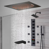 20-Inch or 24-Inch Matte Black Flush Mount Rainfall Waterfall Shower System: Complete with 6-Way Thermostatic Valve and 6 Body Jets and  Regular Head and Tub Spout