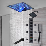 16-Inch Matte Black Flush Mount Rainfall Waterfall Shower System: Complete with 6-Way Thermostatic Valve and 6 Body Jets and  Regular Head and Tub Spout