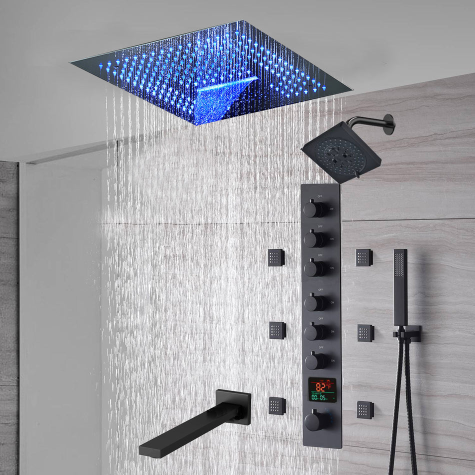 16-Inch Matte Black Flush Mount Rainfall Waterfall Shower System: Complete with 6-Way Thermostatic Valve and 6 Body Jets and  Regular Head and Tub Spout