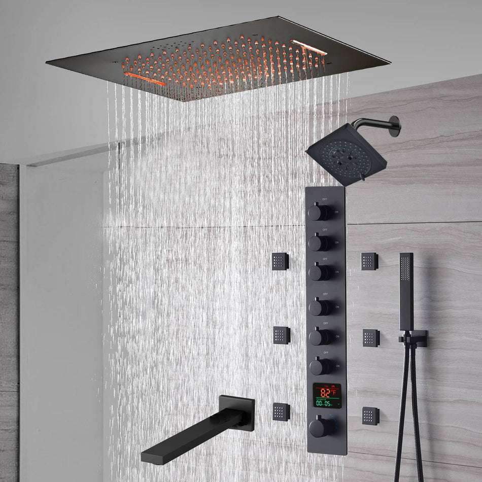 20-Inch or 24-Inch Matte Black Flush Mount Rainfall Waterfall Shower System: Complete with 6-Way Thermostatic Valve and 6 Body Jets and  Regular Head and Tub Spout