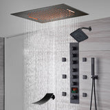20-Inch or 24-Inch Matte Black Flush Mount Rainfall Waterfall Shower System: Complete with 6-Way Thermostatic Valve and 6 Body Jets and  Regular Head and Tub Spout
